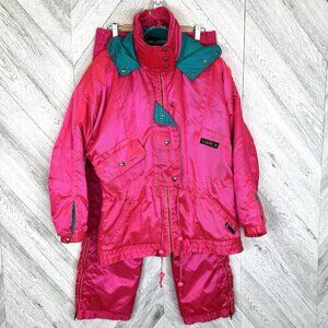 Vintage 90s Neon Fluorescent Pink Ski Jacket Pants Set Women M 10 12 Coltech